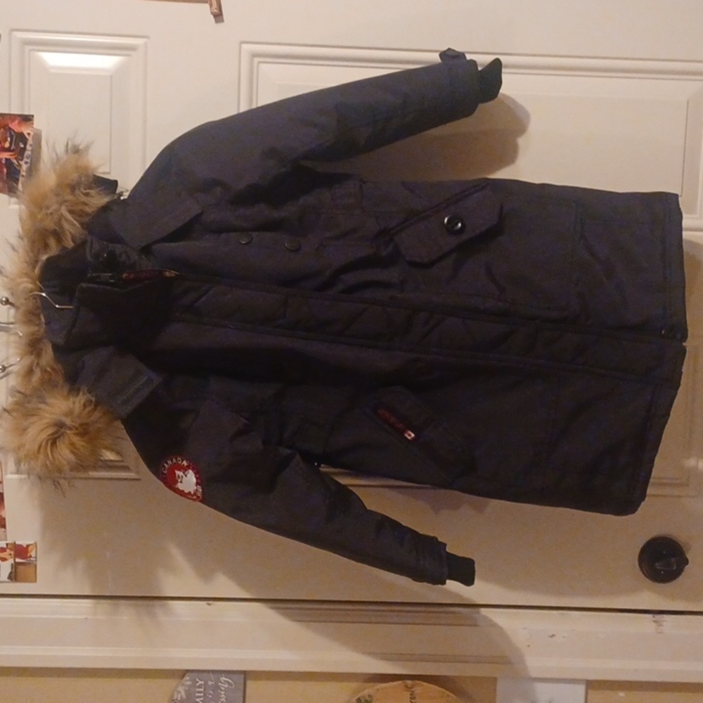 - Canada weather gear black parka winter jacket faux fur outdoor size Small